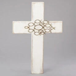 18” White And Brown Cross With Ichthus Fish