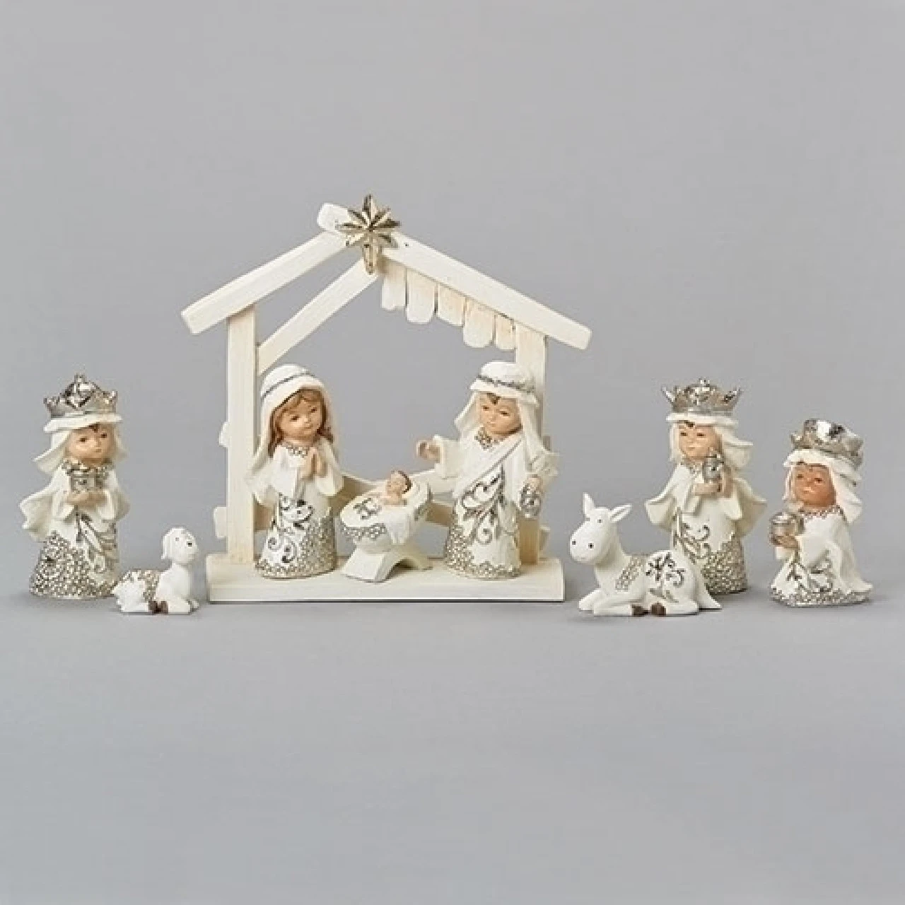 Roman 9 Piece Set White Christmas Nativity Stable Scene Figurines 6.5" 3 Roman 9 Piece Set White Christmas Nativity Stable Scene Figurines 6.5"