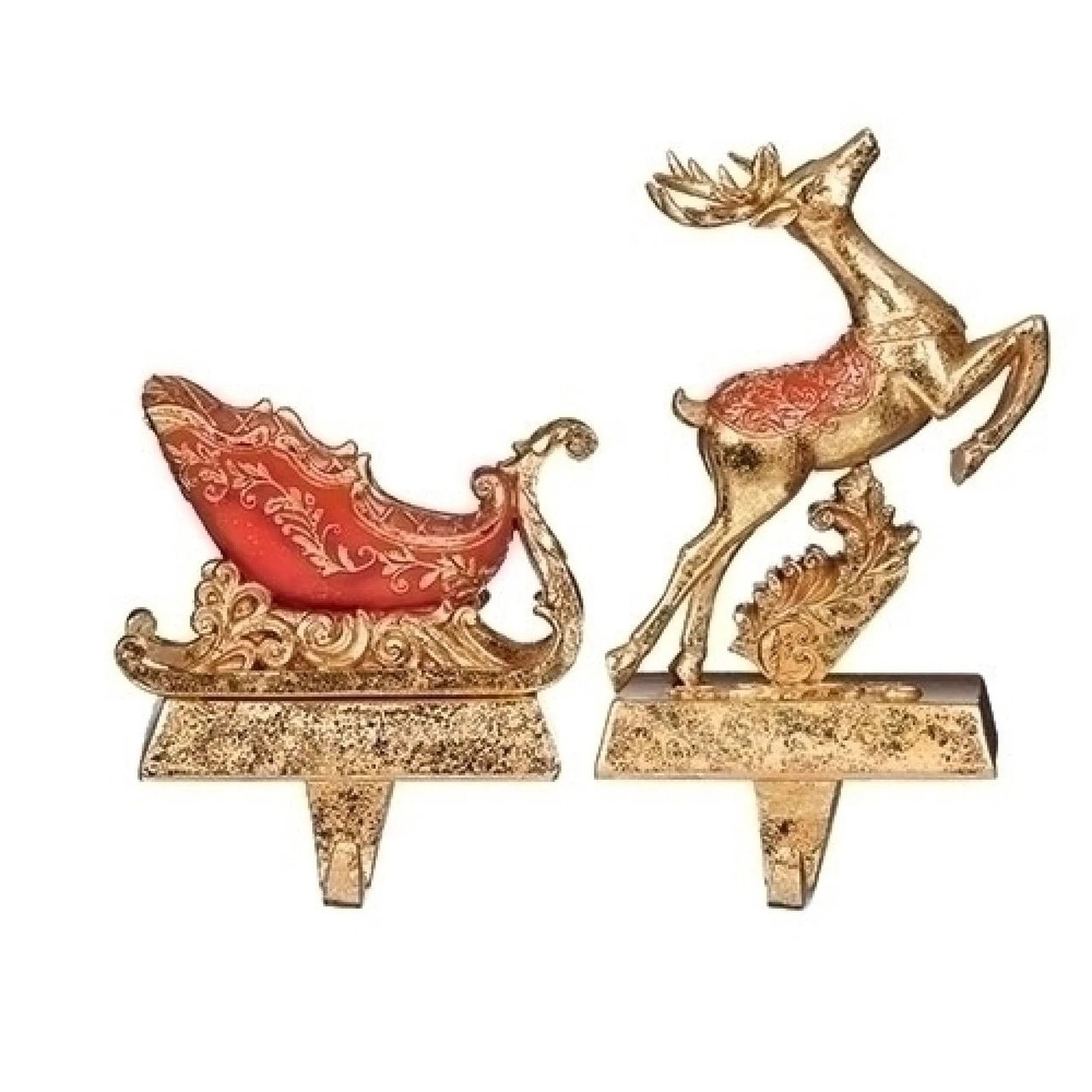Roman Set Of 2 Red Gold Deer And Sleigh Christmas Stocking Holder 6" 3 Roman Set Of 2 Red Gold Deer And Sleigh Christmas Stocking Holder 6"