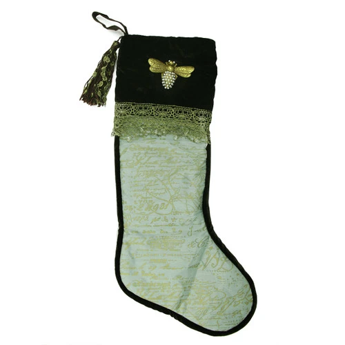 27" Sage Green And Gold French Writing With Bee Christmas Stocking 3 27" Sage Green And Gold French Writing With Bee Christmas Stocking