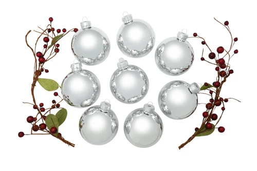 8ct Silver Shiny Glass Christmas Ball Ornaments 3.25" (80mm) 4 8ct Silver Shiny Glass Christmas Ball Ornaments 3.25" (80mm) - Image 2