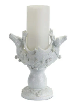 Melrose 8.5" Sparkling White Glittered Reindeer Heads Christmas Pillar Candle Holder