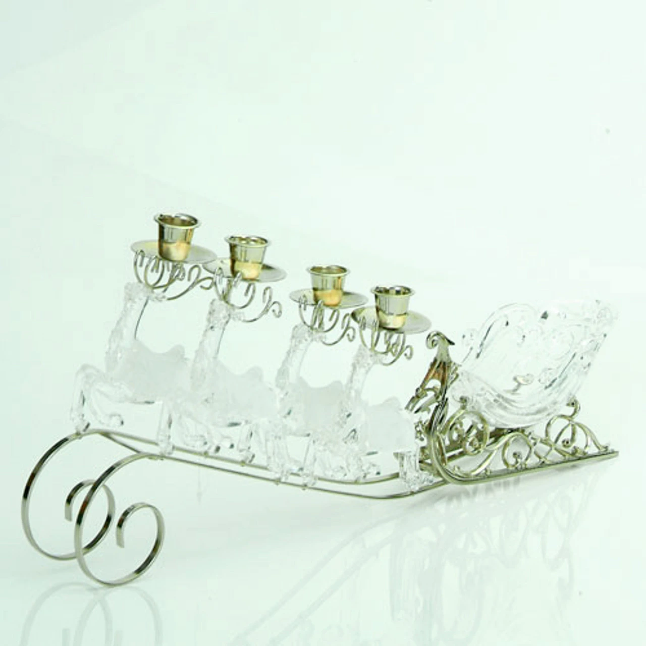 20" Clear And Gold Frosted Reindeer Pulled Sleigh Christmas Taper Candle Holder 3 20" Clear And Gold Frosted Reindeer Pulled Sleigh Christmas Taper Candle Holder