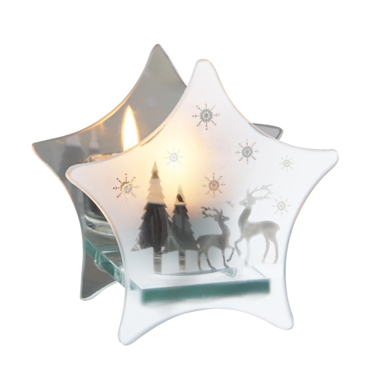8.5" Clear Frosted Glass Snowflake Reindeer Mirrored Star Christmas Tea Light Candle Holder 3 8.5" Clear Frosted Glass Snowflake Reindeer Mirrored Star Christmas Tea Light Candle Holder