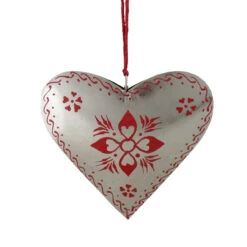 6" Silver And Red Country Rustic Floral Heart Christmas Ornament