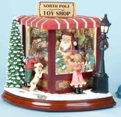 Roman Set Of 2 Red Amusements LED Lighted Animated Musical Santa's North Pole Christmas Toy Shop 9"