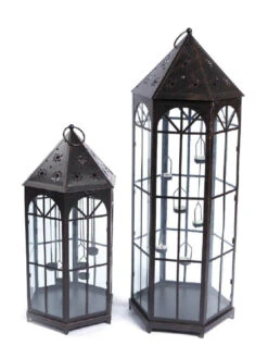 Melrose Set Of 2 Black Sun And Stars Cut Out Decorative Glass Tea Light Candle Lanterns