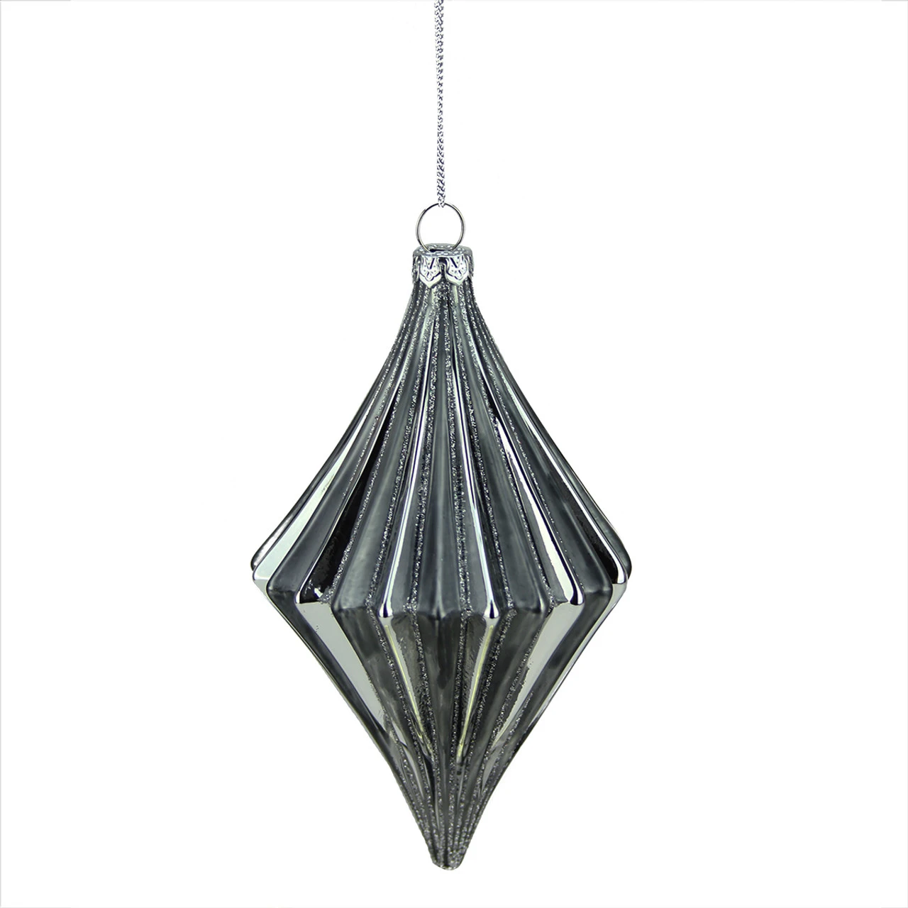 6" Silver Ribbed 3-Finish Glass Christmas Finial Ornament 3 6" Silver Ribbed 3-Finish Glass Christmas Finial Ornament