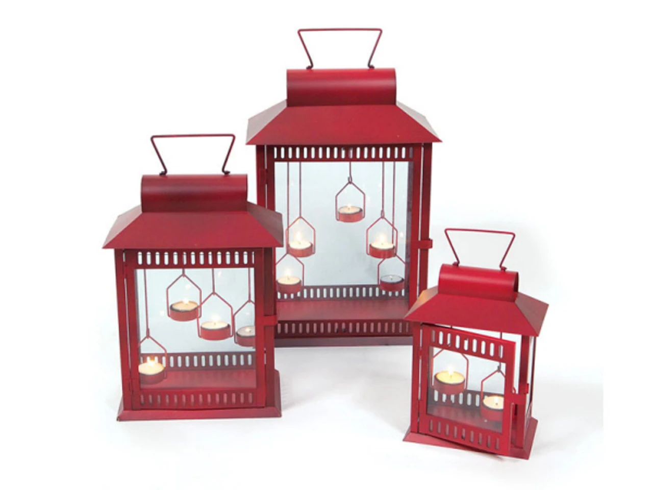 Melrose Set Of 3 Red Indoor/Outdoor Tealight Candle Lanterns 17.75" 3 Melrose Set Of 3 Red Indoor/Outdoor Tealight Candle Lanterns 17.75"