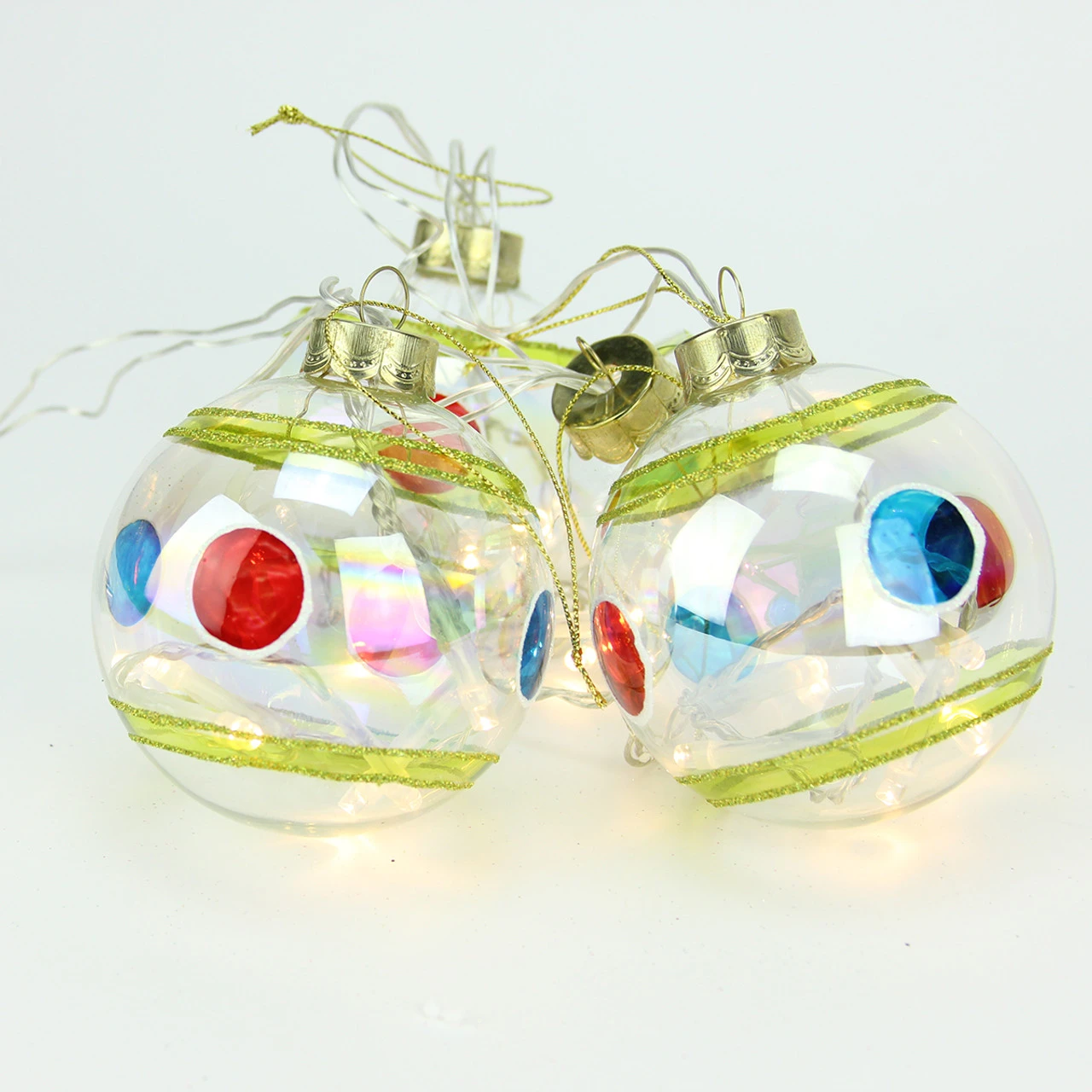 PENN Set Of 4 Clear Battery Operated LED Lighted Stripe And Dot Lass Christmas Ball Ornaments 3.25" (80mm) 3 PENN Set Of 4 Clear Battery Operated LED Lighted Stripe And Dot Lass Christmas Ball Ornaments 3.25" (80mm)