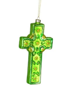 7" Green Celtic Cross Hand Blown Glass Hanging Figurine Ornament