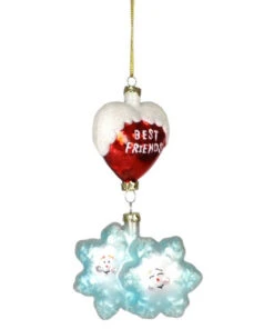 7.25" White And Red Snowflakes "Best Friends" Hand Blown Glass Hanging Figurine Ornament