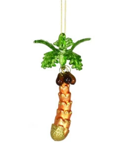 6” Beige And Green Palm Tree Hand Blown Glass Hanging Figurine Ornament