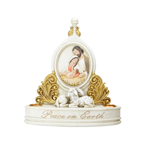 Roman 8.5" White And Gold Holy Family "Peace On Earth" Christmas Candle Holder 3 Roman 8.5" White And Gold Holy Family "Peace On Earth" Christmas Candle Holder