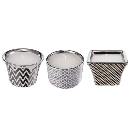 Set Of 3 Silver And White Contemporary Herringbone Candles 3.75" 4 Set Of 3 Silver And White Contemporary Herringbone Candles 3.75" - Image 2