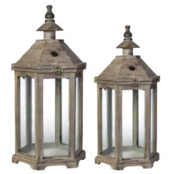Set Of 2 Brown And Clear Classic Polygon Temple Garden Lanterns 31"