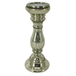 15" Silver Antique Finish Glass Pillar Candle Holder
