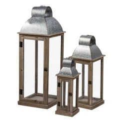 Set Of 3 Antique Silver And Brown Classic Lanterns 31.75"