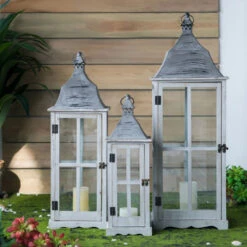 Set Of 3 Gray And Clear Classic Window Scape Lanterns 36"