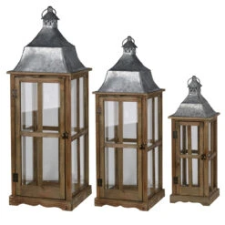 Set Of 3 Brown And Gray Classic Window Scape Lanterns 35.25"