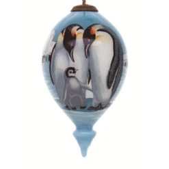 4.75” Blue And White Penguins Hand Painted Mouth Blown Glass Hanging Christmas Ornament