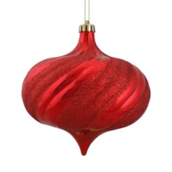 4ct Red Glitter Swirl Shiny Shatterproof Onion Drop Christmas Ornaments 5.75" (150mm)