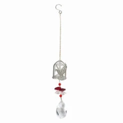 10" Hanging Red And White Crystal Sun Catcher With Metal Dove And Cross