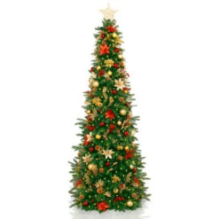 7.5' Pre-Lit Gold And Red Artificial Christmas Tree – Clear LED Lights