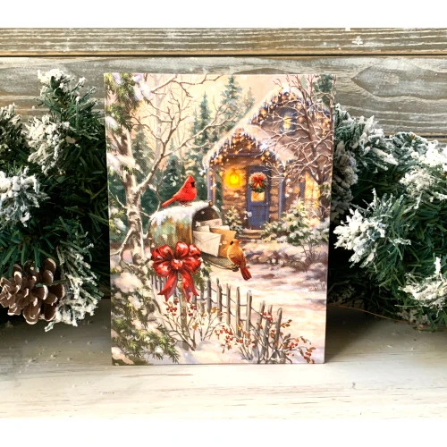 8" White And Green Cardinal Cottage Lighted Christmas Tabletop Decor 4 8" White And Green Cardinal Cottage Lighted Christmas Tabletop Decor - Image 2