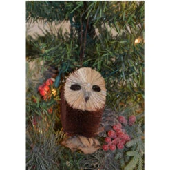 4.25” Dark Brown And Beige Whimsical Bristle Brush Handcrafted Owl Hanging Ornament - 33479720