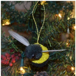 4.5” Black And Yellow Bristle Brush Handcrafted Bumble Bee Hanging Figurine Ornament - 33479733