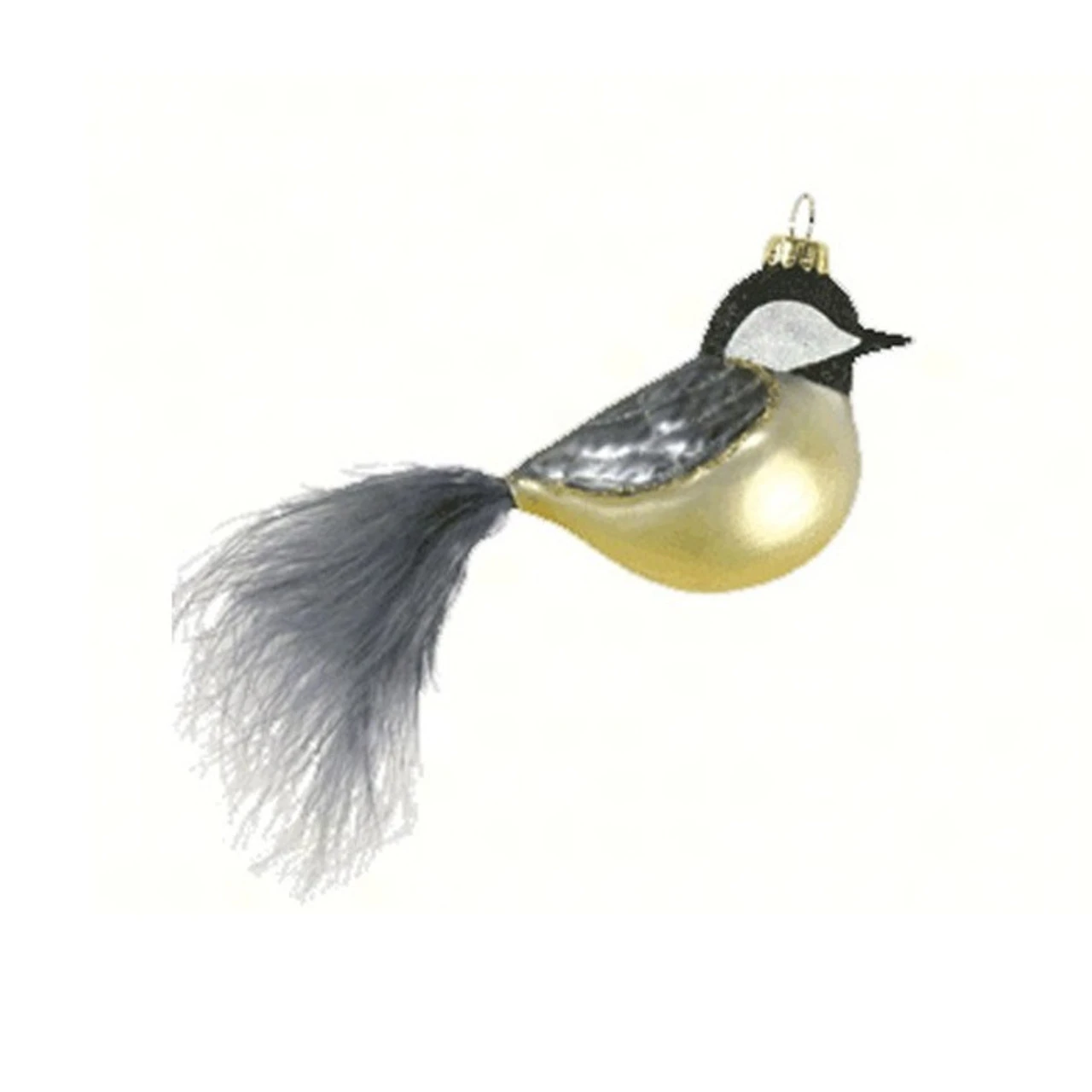 5.63" Gray And Gold Chickadee Bird With Feather Tail Hand Blown Glass Hanging Figurine Ornament 3 5.63" Gray And Gold Chickadee Bird With Feather Tail Hand Blown Glass Hanging Figurine Ornament