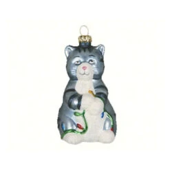 5.63" Gray And White Big Kitty Hand Blown Glass Hanging Figurine Ornament