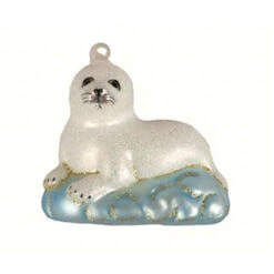 3.5” White And Blue Baby Harp Seal Hand Blown Glass Hanging Figurine Ornament