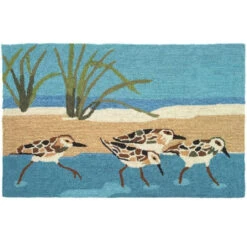Pack Of 3 Blue And Brown Seaside Sandpipers Hand Hooked Rectangular Doormats 22” X 34”