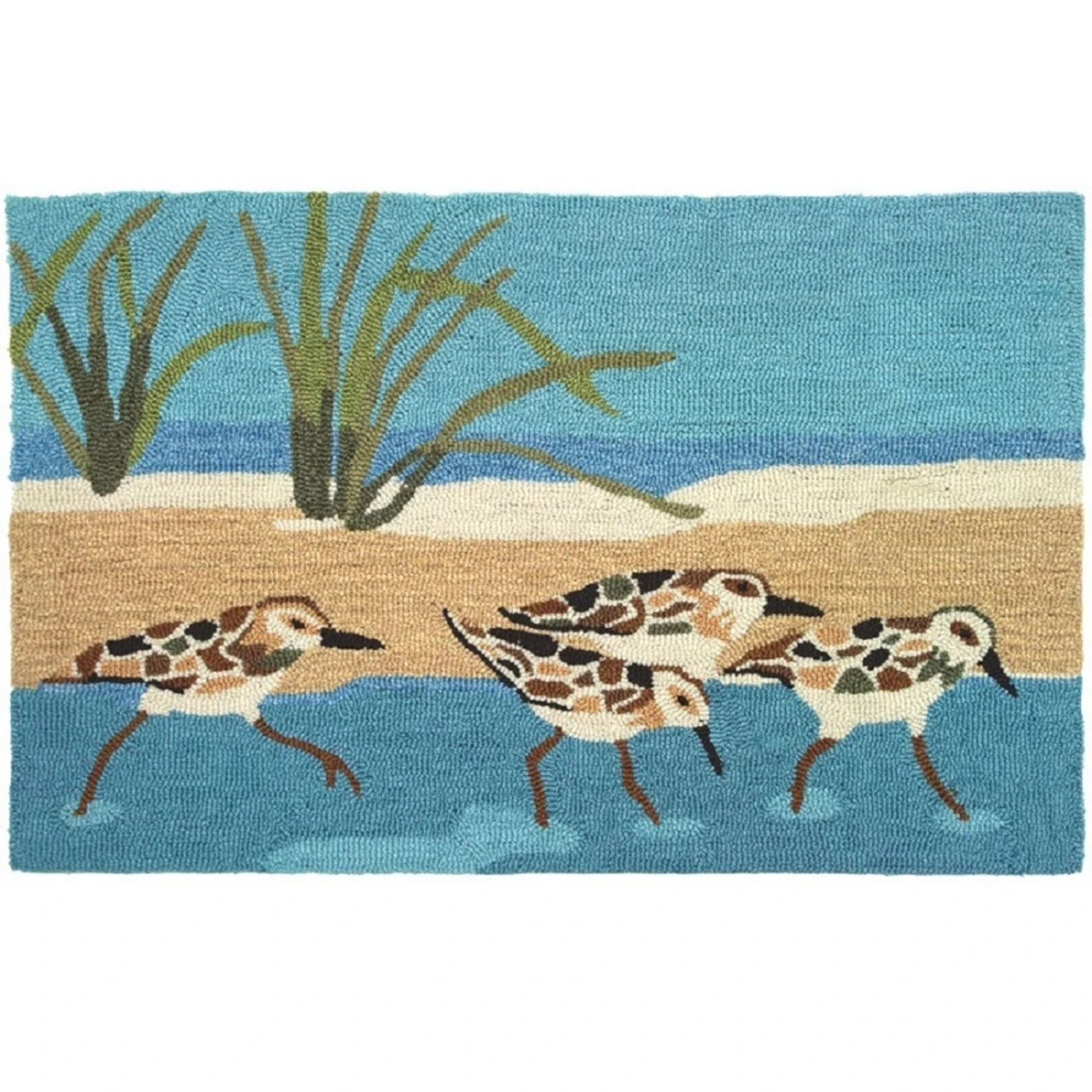 Pack Of 3 Blue And Brown Seaside Sandpipers Hand Hooked Rectangular Doormats 22” X 34” 3 Pack Of 3 Blue And Brown Seaside Sandpipers Hand Hooked Rectangular Doormats 22” X 34”