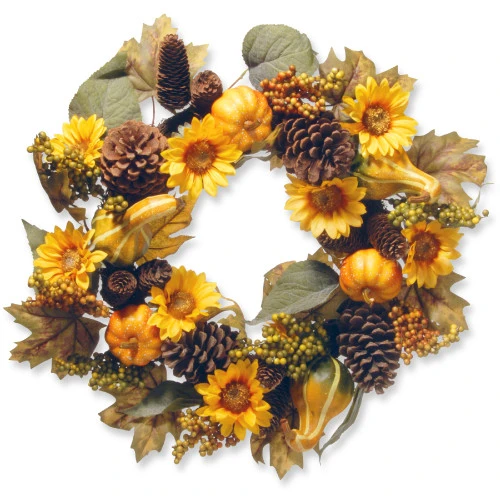Pumpkins And Sunflowers Artificial Floral Wreath, Yellow 22-Inch 3 Pumpkins And Sunflowers Artificial Floral Wreath, Yellow 22-Inch
