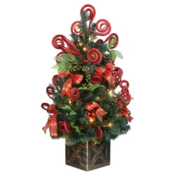 4' Pre-Lit Red Ribbon Ornamented Artificial Christmas Tree - Clear Lights