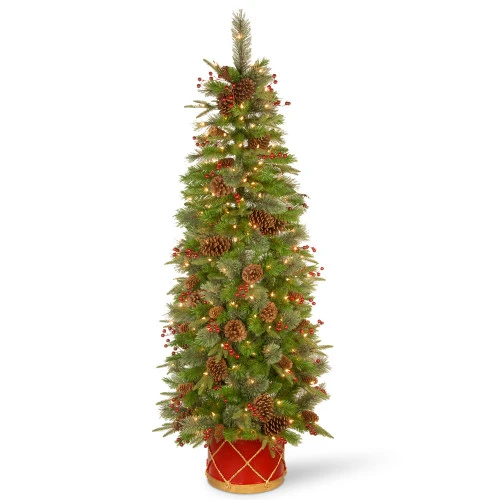Christmas Central 6' Pre-Lit Potted Pencil Colonial Fir Artificial Christmas Half Wall Tree, Clear Lights 3 Christmas Central 6' Pre-Lit Potted Pencil Colonial Fir Artificial Christmas Half Wall Tree, Clear Lights