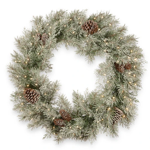 Christmas Central 30" Pre-Lit Frosted Mountain Spruce Artificial Christmas Wreath, Battery Operated Clear Lights 3 Christmas Central 30" Pre-Lit Frosted Mountain Spruce Artificial Christmas Wreath, Battery Operated Clear Lights