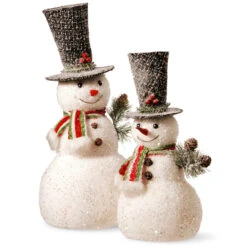 Set Of 2 White And Gray Handcrafted Christmas Snowman Figurine 17.75"