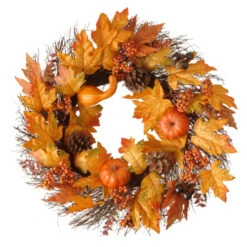 Christmas Central Maple Leaves And Pumpkins Halloween Wreath, Orange And Yellow 24-Inch