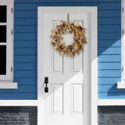 Christmas Central Pre-Lit Snowy Bedford Pine Artificial Christmas Wreath, 30-Inch, LED Lights -Ornaments Store dnat sbe1 308 30wbc1 2 30082.1641512404