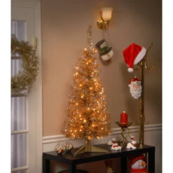 Christmas Central 4' Pre-Lit Slim Champagne Gold Tinsel Artificial Christmas Tree, Clear Lights