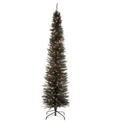 Christmas Central 7’ Pre-Lit Black Pencil Tinsel Artificial Christmas Tree, White Lights