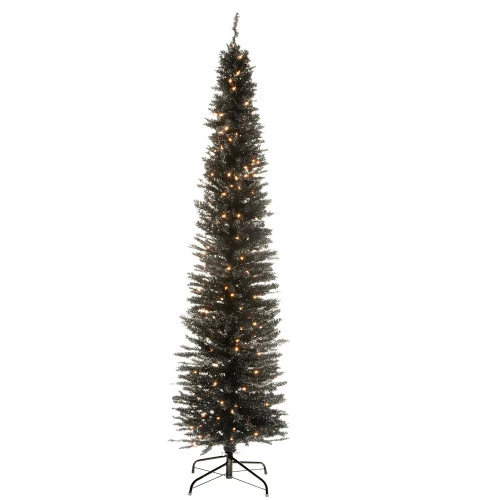 Christmas Central 7’ Pre-Lit Black Pencil Tinsel Artificial Christmas Tree, White Lights 3 Christmas Central 7’ Pre-Lit Black Pencil Tinsel Artificial Christmas Tree, White Lights