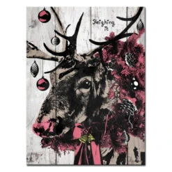 Black And Pink Christmas Reindeer Rectangular Wall Art Decor 16" X 12"