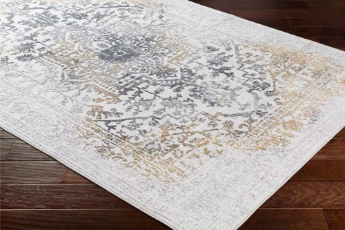7'10" X 10'3" Distressed Floral Medallion Style Gray And Yellow Rectangular Machine Woven Area Rug 4 7'10" X 10'3" Distressed Floral Medallion Style Gray And Yellow Rectangular Machine Woven Area Rug - Image 2