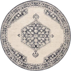 6' Hexagonal Medallion Black And Beige Round Hand Tufted Wool Area Throw Rug