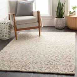 5' X 7'6" Beige And Gray Rectangular Hand Woven Wool Area Throw Rug